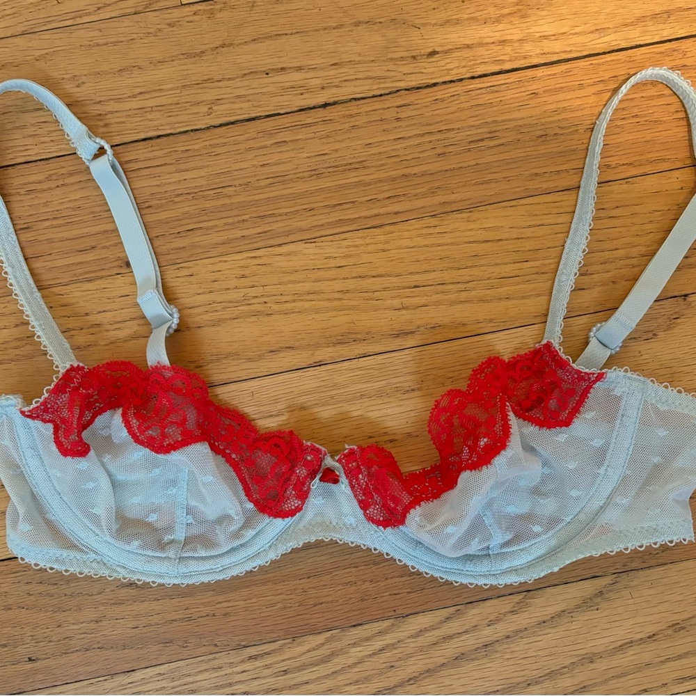 Victoria’s Secret underwire bra size 34B Elegant Red and Light Blue Lace Bra